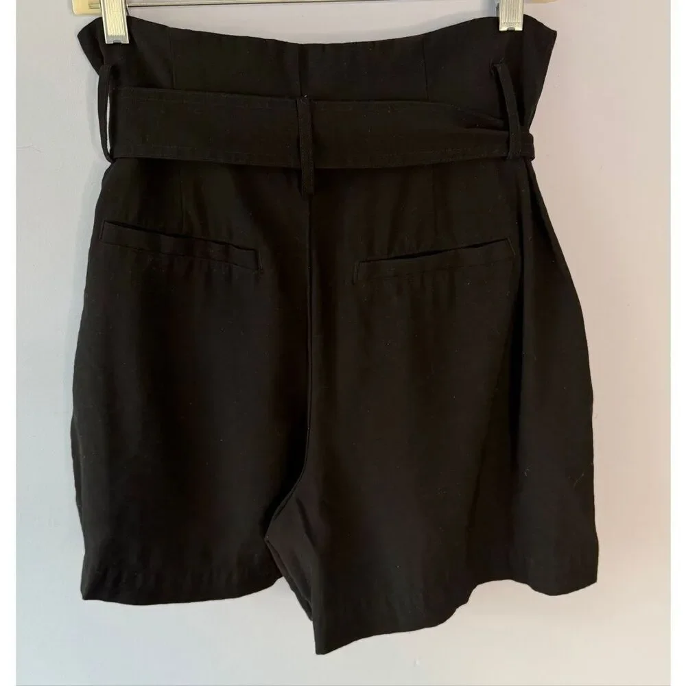 A New Day Black Paperbag Waist Shorts Size 12 High Rise Belted Pleated EUC